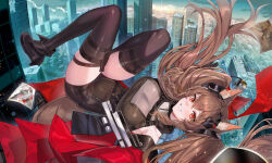 1girl absurdres angelina_(arknights) animal_ear_fluff animal_ears ankle_boots arknights arknights:_endfield belt black_boots black_shoes black_thighhighs blush boots breasts brown_hair building city dot_nose floating_hair fox_ears fox_girl full_body gilberta_(arknights) grin high_belt high_up highres impossible_clothes jacket large_breasts long_hair looking_at_viewer molyb parted_lips photo_(object) red_eyes red_jacket shoes skyscraper smile solo thighhighs thighs twintails
