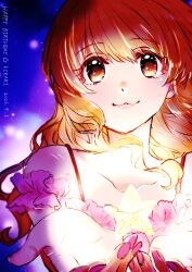 1girl :3 absurdres brown_eyes brown_hair cupping_hands dated foreshortening frilled_shirt frills happy_birthday highres hogehogemoji06 holding holding_star idolmaster idolmaster_cinderella_girls long_hair moroboshi_kirari nail_polish own_hands_together pink_nails pink_shirt shirt sky solo star_(sky) star_(symbol) starry_sky