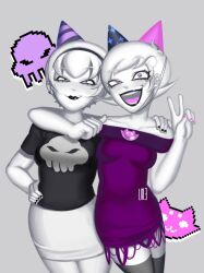 2girls black_lips breasts dress hat headband homestuck imnotlole multiple_girls nail_polish non-web_source open_mouth party_hat purple_dress rose_lalonde roxy_lalonde small_breasts source_request
