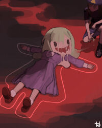 Rule 34 | 2girls, asmireid, bang dream!, bang dream! it&#039;s mygo!!!!!, chalk outline, crime scene, dated commentary, death, dress, green hair, highres, horror (theme), knee up, long hair, looking at another, lying, melting, multiple girls, on back, open mouth, signature, smile, socks, sumita mana, wakaba mutsumi, wakaba mutsumi (doll), white socks