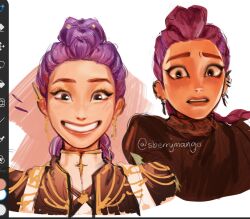 Rule 34 | 1girl, artist name, braid, ear piercing, earrings, formal clothes, happy, highres, jewelry, kpop demon hunters, long braid, looking at viewer, looking down, looking to the side, official alternate costume, open mouth, piercing, pink lips, purple hair, rumi (kpop demon hunters), sberry mango, scared, shade, single braid, smile, solo, suit, surprised, teeth, twitter username, unfinished, upper body, wide-eyed