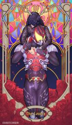 1boy 1girl armor belt black_bodysuit black_dress black_flower black_hair black_lips black_nails black_rose bodysuit card_(medium) chain closed_mouth dress dress_flower flower giganticbrush gloves goth_fashion helmet highres holding horns kamen_rider kamen_rider_kiva kamen_rider_kiva_(series) kivat-bat_iii kivat_belt long_sleeves looking_at_viewer male_focus red_eyes rider_belt rose smile stained_glass standing tarot tarot_(medium) the_lovers_(tarot) tokusatsu vampire wedding_dress window wings yellow_eyes