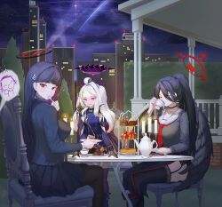 3girls absurdres ahoge arm_support belt black_choker black_coat black_gloves black_hair black_pantyhose black_serafuku black_skirt black_thighhighs black_wings blazer blue_archive blunt_bangs blurry building cake_stand cameo chair choker coat coat_on_shoulders collarbone commentary cup cupcake demon_girl demon_horns depth_of_field doodle_sensei_(blue_archive) drinking english_commentary feathered_wings food forehead fork fur-trimmed_coat fur_trim garter_straps gloves hair_between_eyes hair_ornament hairclip hasumi_(blue_archive) highres hina_(blue_archive) holding holding_cup holding_fork horns jacket oversized_wings long_bangs long_hair long_sleeves looking_at_viewer macaron military_uniform multiple_girls night night_sky open_clothes open_coat outdoors pantyhose parted_bangs parted_lips pencil_skirt plate pleated_skirt ponytail purple_eyes purple_thighhighs red_eyes rio_(blue_archive) rolo6_4 sam_browne_belt school_uniform sensei_(blue_archive) serafuku shortcake shoulder_belt side_slit sidelocks sitting skirt sky skyline skyscraper spoken_character star_(sky) starry_sky table teacup teapot thighhighs wavy_hair white_hair wings yostar