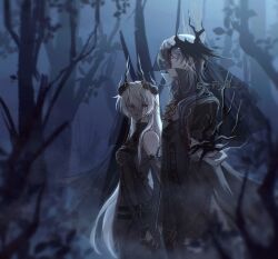 Rule 34 | 1boy, 1girl, absurdres, arknights, artist name, bare shoulders, black dress, black gloves, black jacket, breasts, chinese commentary, commentary request, demon horns, detached sleeves, doctor (arknights), dress, earrings, female doctor (arknights), fly jun, forest, gloves, glowing, glowing eyes, gold earrings, grey eyes, grey hair, hair between eyes, head wings, high collar, highres, holding hands, horns, interlocked fingers, jacket, jewelry, logos (arknights), logos (npc) (arknights), mole, mole under eye, nature, night, original, red eyes, see-through clothes, see-through veil, sleeveless, sleeveless dress, small breasts, tree, veil, white hair, wings