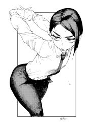 Rule 34 | 1girl, absurdres, collared shirt, eyelashes, ez tanishi, forehead, greyscale, highres, jitome, leaning forward, lips, long sleeves, monochrome, necktie, original, own hands clasped, own hands together, pants, parted lips, shirt, shirt tucked in, solo, stretching, sweat, tight clothes, tight pants, v-shaped eyebrows