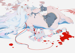 1girl aamond absurdres amputee ass back bandages bare_shoulders barefoot blood blood_bag bloody_bandages blue_eyes breasts girls&#039;_frontline hair_spread_out highres limbs long_hair looking_at_viewer lying on_side ribeyrolles_(girls&#039;_frontline) torn_clothes white_background white_hair