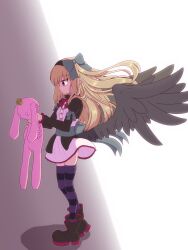 Rule 34 | 1girl, absurdres, black boots, black dress, black hairband, black ribbon, black wings, blonde hair, boots, breasts, dark feather alma, dress, elf, emil chronicle online, from side, hair ribbon, hairband, highres, holding, holding stuffed toy, pointy ears, purple thighhighs, red eyes, ribbon, rna0, small breasts, standing, striped clothes, striped thighhighs, stuffed toy, thighhighs, wings