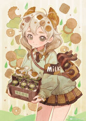 absurdres bag bread bread_slice cake cake_slice chinese_text dress food harrymiao highres horns original shoulder_bag smile watermark white_hair