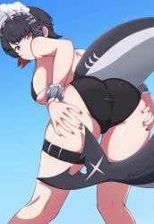 1girl ass belt bent_over bikini black_bikini black_hair blue_background breasts colored_inner_hair ellen_joe fish_tail from_behind hair_ornament hairband hairclip hands_on_own_ass large_breasts looking_back maid_headdress masakin multicolored_hair red_eyes red_hair red_nails scar scar_on_tail shark_girl shark_tail short_hair skindentation solo spiked_hairband spikes standing swimsuit tail thigh_belt thigh_strap twitter_username wrist_cuffs zenless_zone_zero