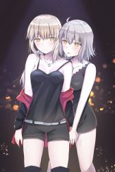 2girls absurdres ahoge artoria_pendragon_(fate) bare_arms bare_legs bare_shoulders belt blonde_hair boots breasts cleavage_cutout clothing_cutout coat eyebrows_hidden_by_hair fate/grand_order fate_(series) grey_hair highres holding_hands jeanne_d&#039;arc_(fate) jeanne_d&#039;arc_alter_(avenger)_(fate) jeanne_d&#039;arc_alter_(fate) jeanne_d&#039;arc_alter_(ver._shinjuku_1999)_(fate) long_hair multiple_girls neck night official_alternate_costume saber_alter saber_alter_(ver._shinjuku_1999) saber_alter_(ver._shinjuku_1999)_(fate) short_hair shorts sii_artatm skirt tongue tongue_out wicked_dragon_witch_ver._shinjuku_1999 yellow_eyes