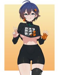 1girl :q absurdres ahoge belle_(zenless_zone_zero) bike_shorts black_shirt black_shorts black_thighhighs blue_hair border breasts breasts_apart clothes_lift commentary english_commentary fingerless_gloves gloves green_eyes guilegaze highres medium_breasts orange_gloves shirt shirt_lift short_hair shorts single_fingerless_glove single_thighhigh solo thighhighs tongue tongue_out turtleneck underboob v white_border zenless_zone_zero
