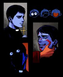 2boys black_background blood blood_from_mouth blood_on_face cassock character_request check_character chibi chibi_inset clerical_collar collage commentary_request cross face_in_shadow faith_(game) gary_miller grey_background grin hand_on_another&#039;s_face high_contrast highres holding holding_cross john_ward korean_commentary looking_at_another male_focus multiple_boys multiple_monochrome multiple_views nervous_sweating neunnaek out_of_frame portrait priest scared serious short_hair smearing smile sweat wide-eyed