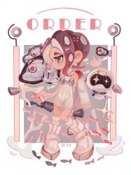 1girl agent_8_(splatoon) arm_behind_back bare_shoulders black_hair bodysuit closed_mouth coral drone earrings grey_eyes highres holding ink_tank_(splatoon) jelleton jewelry marching_andante matoka7 medium_hair nintendo octoling octoling_girl octoling_player_character order_dualies_(splatoon) pearl_(splatoon) pearl_drone_(splatoon) school_of_fish sparkling_eyes splatoon_(series) splatoon_3 splatoon_3:_side_order suction_cups swarming_languendo tentacle_hair white_bodysuit