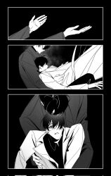2boys benkdjjituibot black_background black_coat black_eyes black_hair coat greyscale hair_between_eyes hands_on_another&#039;s_waist head_down highres hug hug_from_behind inset_border kim_dokja knees_up leaning_on_person looking_at_another monochrome multiple_boys omniscient_reader&#039;s_viewpoint open_mouth outstretched_arms outstretched_hand popped_collar secretive_plotter short_hair sitting_between_lap white_coat
