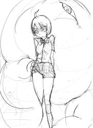 1girl ahoge andou_jumu black_hair bob_cut cenco cencoroll clothes_lift creature frown greyscale jumu looking_at_viewer miniskirt monochrome monster school_uniform short_hair simple_background sketch skirt skirt_lift traditional_media white_background yuki_(cencoroll)