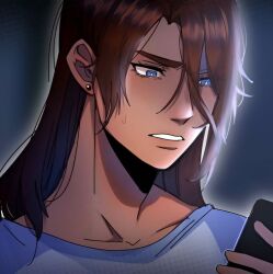1boy black_button-up blue_eyes braid brown_hair brown_loafers college_student dark_blue_vest dark_skin gelbooru_compliant he/him highres jericho_ichabod_(the_kid_at_the_back) long_hair looking_at_viewer loose_strands pants portrait serious_expression solo the_kid_at_the_back