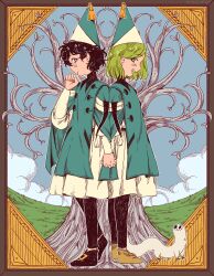 2girls agott_(tongari_boushi_no_atelier) black_hair brushbuddy cloud coco_(tongari_boushi_no_atelier) grass green_eyes green_hair hat highres inazunari interlocked_fingers multiple_girls open_mouth purple_eyes qifrey&#039;s_atelier_apprentice_uniform reverse_trap scenery short_hair tassel teeth tongari_boushi_no_atelier tree upper_teeth_only