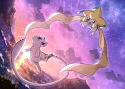 Rule 34 | :d, blue eyes, cloud, commentary request, eye contact, gen 1 pokemon, gen 3 pokemon, happy, jirachi, kotobukkii (yt lvlv), legendary pokemon, looking at another, mew (pokemon), mythical pokemon, nintendo, no humans, open mouth, outdoors, pokemon, pokemon (creature), pokemon focus, rotational symmetry, sky, smile, twilight
