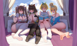 4girls absurdres animal_ear_fluff animal_ears barefoot black_thighhighs blonde_hair blue_eyes breasts brown_eyes character_request commentary_request fake_animal_ears feet girls&#039;_frontline heterochromia highres large_breasts legs little_bit_(544633426) looking_at_viewer multiple_girls nikketa_(girls&#039;_frontline_2) open_mouth panties red_eyes short_hair soles thighhighs toes twintails underwear vsk-94_(girls&#039;_frontline) white_panties yellow_eyes