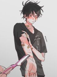 1boy bags_under_eyes bandage_on_face bandaged_arm bandages bandaid bandaid_on_arm bandaid_on_chest bandaid_on_hand black_hair black_shirt blush bruise bruise_on_neck collarbone cropped_torso hair_between_eyes highres holding holding_razor injury kitamakur light_blush looking_to_the_side male_focus messy_hair original razor razor_blade shirt short_hair simple_background twitter_username unsure very_short_hair watermark white_background wrist_cutting
