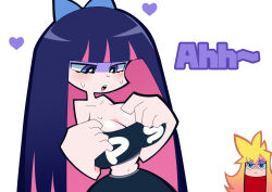 Rule 34 | 2girls, alternate breast size, blonde hair, blue eyes, blue ribbon, blush, breasts, cleavage, gradient hair, hand on own chest, large breasts, long hair, multicolored hair, multiple girls, official style, okitya, panty &amp; stocking with garterbelt, panty (psg), pink hair, purple hair, ribbon, stocking (psg), upper body, white background