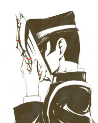 Rule 34 | 1boy, black hair, devil summoner (series), devil summoner 2: raidou kuzunoha vs king abaddon, disguise, facing to the side, gakuran, hand on mask, hat, kuzunoha raidou, matsu 84, monochrome, school uniform, shako cap, shinado, sideburns, solo, spot color, white background, white mask