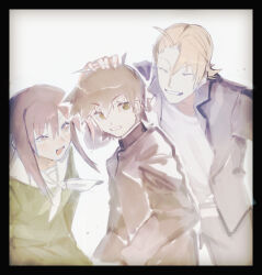 Rule 34 | 1girl, 2boys, ahoge, black border, black jacket, border, breasts, brown hair, closed eyes, friends, gakuran, green shirt, grin, half-closed eye, hand on another&#039;s head, highres, inagi tadayasu, jacket, kurusuno konatsu, light blush, medium hair, multiple boys, naughty face, neckerchief, nitta yuhi, nitta yuuhi, pale color, red hair, sailor, school uniform, shirt, short hair, sidelocks, small breasts, smile, soukou akki muramasa, spiked hair, the hayane zaurus, white neckerchief, white shirt