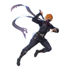 Rule 34 | 1boy, absurdres, black pants, black shirt, black shoes, bodysuit, bracer, commentary, deepmaru, english commentary, fingerless gloves, full body, gloves, green eyes, highres, holding, holding sword, holding weapon, king&#039;s raid, kunai, mask, mesh, mouth mask, ninja, ninja mask, official alternate costume, official art, orange hair, pants, roi (king&#039;s raid), scar, scar across eye, scar on face, scarf, shirt, shoes, short hair, solo, sword, sword on back, torn clothes, torn scarf, weapon, weapon on back, white scarf