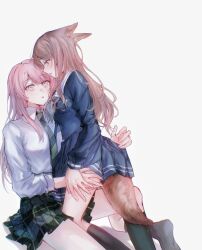 Rule 34 | 2girls, absurdres, animal ears, bang dream!, bang dream! it&#039;s mygo!!!!!, black socks, blue serafuku, blue shirt, blue skirt, blush, breasts, brown hair, chihaya anon, chinese commentary, clothes lift, collared shirt, commentary request, diagonal-striped clothes, diagonal-striped necktie, dress shirt, eye contact, fox ears, fox girl, fox tail, green necktie, green skirt, green socks, grey eyes, grey neckerchief, hand on another&#039;s thigh, haneoka school uniform, highres, kneehighs, kneeling, long hair, long sleeves, looking at another, medium breasts, multiple girls, muonrei00, nagasaki soyo, neckerchief, necktie, no shoes, on floor, open mouth, pink hair, plaid clothes, plaid skirt, pleated skirt, sailor collar, school uniform, serafuku, shirt, sidelocks, simple background, sitting, skirt, skirt lift, socks, striped clothes, tail, three-quarter sleeves, tsukinomori school uniform, white background, white sailor collar, white shirt, yuri