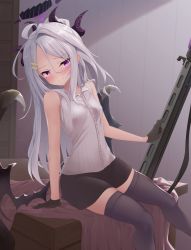 1girl ahoge ashfair bed bed_sheet black_gloves black_skirt black_thighhighs blue_archive commentary_request demon_girl demon_horns demon_wings gloves gun hair_between_eyes hair_ornament hairclip halo hina_(blue_archive) holding holding_gun holding_weapon horns long_hair looking_at_viewer machine_gun mg42 parted_bangs pencil_skirt purple_eyes sidelocks sitting skirt sleeveless smile solo thighhighs weapon white_hair wings zettai_ryouiki