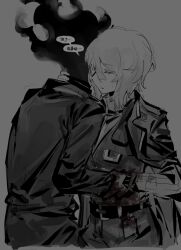 1boy 1girl belt black_belt blood blood_on_clothes blood_on_hands burning closed_eyes comforting cropped_legs crossed_bangs dante_(limbus_company) dark facing_away facing_to_the_side faust_(project_moon) fire fluffy_hair from_side greyscale hair_between_eyes hand_around_neck hand_on_another&#039;s_arm highres holding_another&#039;s_arm hug injury ivy_(675671) jacket jacket_on_shoulders limbus_company long_hair_between_eyes long_sleeves medium_hair monochrome motherly motion_lines nose number_print parted_lips project_moon scared sweatdrop talking translation_request trembling turtleneck vest whispering whispering_in_ear white_hair