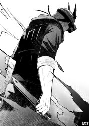1boy absurdres arknights artist_logo artist_name bulletproof_vest commentary cowboy_shot day7daze english_commentary greyscale highres holding holding_knife holding_weapon horns knife logo male_focus misery_(arknights) monochrome shirt short_hair sleeves_rolled_up solo standing vest weapon