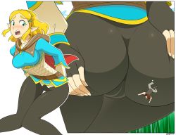 1boy 1girl ass ass_grab blonde_hair blush breasts cameltoe dangerking11 deep_skin fingerless_gloves from_behind giant giantess gloves green_eyes hair_ornament hairclip highres looking_back looking_down medium_breasts mini_person miniboy nintendo open_mouth pants pointy_ears princess_zelda shiny_clothes short_hair the_legend_of_zelda the_legend_of_zelda:_breath_of_the_wild the_legend_of_zelda:_tears_of_the_kingdom tight_clothes tight_pants