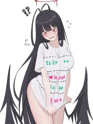 !? alternate_costume angel_wings antenna_hair black_hair blue_archive blush breasts halo heart large_breasts like_and_retweet long_hair musclexm red_eyes red_halo shirt t-shirt tsurugi_(blue_archive) very_long_hair wings