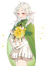 1girl ahoge artist_name bouquet cloak commentary_request cowboy_shot dress elf falling_petals flower green_cloak hair_over_shoulder highres holding holding_bouquet long_hair long_sleeves looking_ahead lower_teeth_only mushoku_tensei orange_eyes parted_bangs petals pointy_ears simple_background skirt_under_dress smile solo syaka415 sylphiette_(mushoku_tensei) teeth white_background white_dress white_hair wide_sleeves yellow_flower