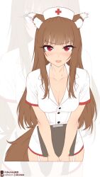 1girl animal_ear_fluff animal_ears blush breasts brown_hair cleavage clipboard collared_dress commentary cowboy_shot cross dress english_commentary fang garter_straps hat highres holding holding_clipboard holo large_breasts likunea long_hair looking_at_viewer nurse nurse_cap open_mouth patreon_logo patreon_username red_eyes short_dress short_sleeves spice_and_wolf standing tail twitter_username twitter_x_logo very_long_hair white_dress white_hat wolf_ears wolf_girl wolf_tail zoom_layer