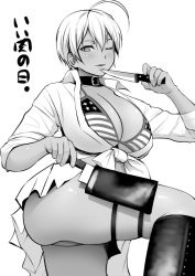 10s 1girl ;) ahoge american_flag american_flag_bikini american_flag_print bad_id bad_pixiv_id bikini bikini_top_only blush breasts butcher_knife cleavage collar collarbone dark-skinned_female dark_skin diisuke female_focus flag_print front-tie_top greyscale holding holding_knife holster huge_breasts knife large_breasts looking_at_viewer mito_ikumi monochrome one_eye_closed parted_lips print_bikini shirt shokugeki_no_souma short_hair sleeves_rolled_up smile solo swimsuit thigh_holster translated white_shirt