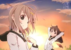 2019 2girls arms_behind_head black_hair cloud dated falling_leaves green_eyes green_skirt grey_hair hair_ornament hairclip kohshibasaki kuraue_hinata leaf looking_at_viewer medium_hair multiple_girls purple_eyes school_uniform short_hair signature skirt suitcase sunset wind yama_no_susume yukimura_aoi
