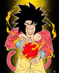 Rule 34 | 1boy, black hair, blue sash, body fur, dougi, dragon ball, dragon ball gt, highres, long hair, looking at viewer, male focus, monkey boy, monkey tail, muscular, muscular male, naouuma art, no nipples, pants, pectorals, red fur, saiyan, sash, smile, solo, son goku, spiked hair, super saiyan, super saiyan 4, tail, yellow eyes, yellow pants