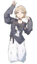 1girl :o arms_up black_choker blonde_hair choker confused cross cross_earrings detached_sleeves earrings full_body grey_shirt hair_ornament hairclip highres jewelry kamatpit loose_clothes loose_shirt no_feet orange_nails original pants print_shirt shirt short_hair white_background white_pants yellow_eyes