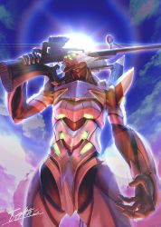 cloud cloudy_sky eva_08 extra_eyes glowing glowing_eyes green_eyes gun holding holding_gun holding_weapon humanoid_robot lens_flare light_rays mecha mecha_focus neon_genesis_evangelion no_humans outdoors over_shoulder post-apocalypse rainbow robot ruins scope signature sky totthii0081 weapon weapon_over_shoulder