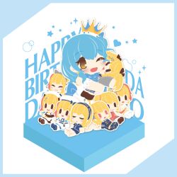 1girl battle_girl_high_school blonde_hair blue_border blue_bow blue_hair border bow brown_eyes character_doll character_name chibi chibi_only commentary_request crown forte_(symbol) fortissimo hair_ornament happy_birthday heart kougami_kanon kunieda_shiho motyomi musical_note musical_note_hair_ornament one_eye_closed open_mouth shirt white_shirt