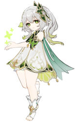 1girl absurdres bare_shoulders bloomers commentary_request detached_sleeves dress genshin_impact gold_trim gradient_hair green_eyes green_hair green_sleeves hair_between_eyes hair_ornament highres leaf_hair_ornament light_smile long_hair looking_at_viewer multicolored_hair nahida_(genshin_impact) revision side_ponytail sleeveless sleeveless_dress solo star-shaped_pupils star_(symbol) stirrup_footwear stirrup_legwear symbol-shaped_pupils toeless_legwear toes toke_ino underwear white_background white_bloomers white_hair