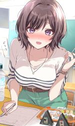1girl :o absurdres belt bento blush bottle breasts brown_hair chalkboard classroom collarbone commentary food gakuen_idolmaster green_pants highres holding holding_pen holding_pointer hungry idolmaster indoors jewelry looking_at_viewer medium_breasts necklace neo_asari onigiri pants pen pointer purple_eyes shirt shirt_tucked_in short_hair solo striped_clothes striped_shirt wano_(azayakam) water_bottle