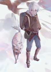 Rule 34 | 1boy, 1other, absurdres, animal, bag, bishounen, cloak, coat, full body, fumetsu no anata e, fushi, gloves, hair between eyes, highres, hood, hood down, joan (fumetsu no anata e), long sleeves, lzfzc, male focus, pants, purple eyes, short hair, shoulder bag, simple background, snow, snowing, the nameless boy (fumetsu no anata e), white hair, white wolf, wolf, yellow eyes