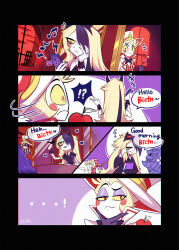 1boy 1girl :3 aged_down apple blonde_hair blush_stickers charlie_morningstar closed_mouth colored_sclera colored_skin emo emo_fashion english_text engrish_text father_and_daughter food fruit hair_over_one_eye hazbin_hotel highres indoors long_hair looking_at_viewer lucifer_morningstar_(hazbin_hotel) multicolored_hair ranguage smile sonoda_shouten streaked_hair very_long_hair white_skin window yellow_sclera