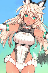 1girl 30_minutes_sisters absurdres aqua_eyes blonde_hair breasts character_request check_copyright commentary_request copyright_request cowboy_shot heart highres large_breasts leotard long_hair looking_at_viewer open_mouth shimada_fumikane textless_version