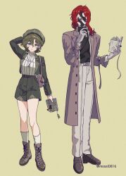 1boy 1girl absurdres aleph_(reverse:1999) alternate_costume arm_behind_head arm_up bag beret black_mask black_sweater boots brown_boots brown_coat brown_hair brown_shoes coat covered_face facing_viewer full_body gloves green_eyes green_jacket green_shorts grey_hat hand_up hands_up hat highres holding holding_notebook jacket long_hair mole mole_under_eye mossi_(mossi0816) notebook open_clothes open_coat open_jacket pants parted_lips recoleta_(reverse:1999) red_hair reverse:1999 shoes short_hair shorts shoulder_bag socks standing sweater twitter_username white_gloves white_pants white_socks white_sweater yellow_background