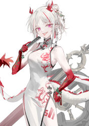 1girl absurdres arknights bead_bracelet beads bracelet braid breasts china_dress chinese_clothes colored_extremities colored_skin commentary cowboy_shot dragon_girl dress earrings eastern_dragon_horns eastern_dragon_tail english_commentary fangs fire flame-tipped_tail folded_fan folding_fan gradient_skin hair_bun hair_ornament hair_stick hand_fan hand_fan_writing hand_on_own_hip highres holding holding_fan jewelry looking_at_viewer luozhou_pile mandarin_collar medium_breasts medium_hair multicolored_hair multicolored_skin nian_(arknights) nian_(unfettered_freedom)_(arknights) official_alternate_costume open_mouth parted_bangs pointy_ears purple_eyes red_hair red_skin side_braid side_slit simple_background single_braid sleeveless sleeveless_dress smile solo standing streaked_hair sword tail tassel tassel_earrings teeth tongue tongue_out two-tone_hair upper_teeth_only weapon white_background white_dress white_hair