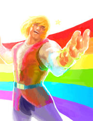 1boy ^_^ bad_id bad_pixiv_id belt blonde_hair brekkist closed_eyes fabulous fabulous_secret_powers_(meme) happy he-man lgbt_pride male_focus masters_of_the_universe meme muscular open_mouth outstretched_arms outstretched_hand pantyhose parody prince_adam rainbow rainbow_flag short_hair simple_background smile solo star_(symbol) striped_background vest